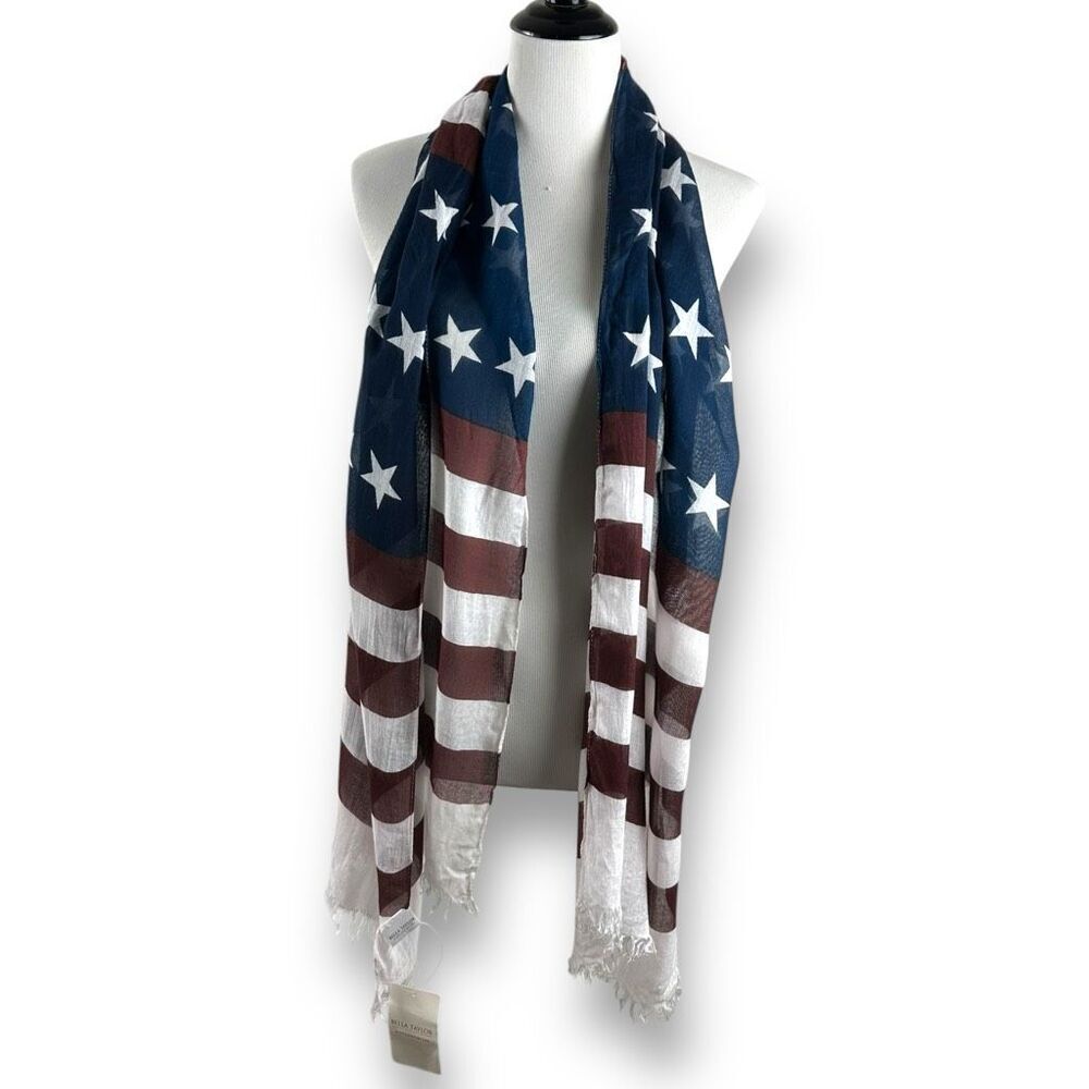 Bella Taylor‎ Salute American Flag Scarf Navy Burgundy Stars Stripes 21x70 NWT